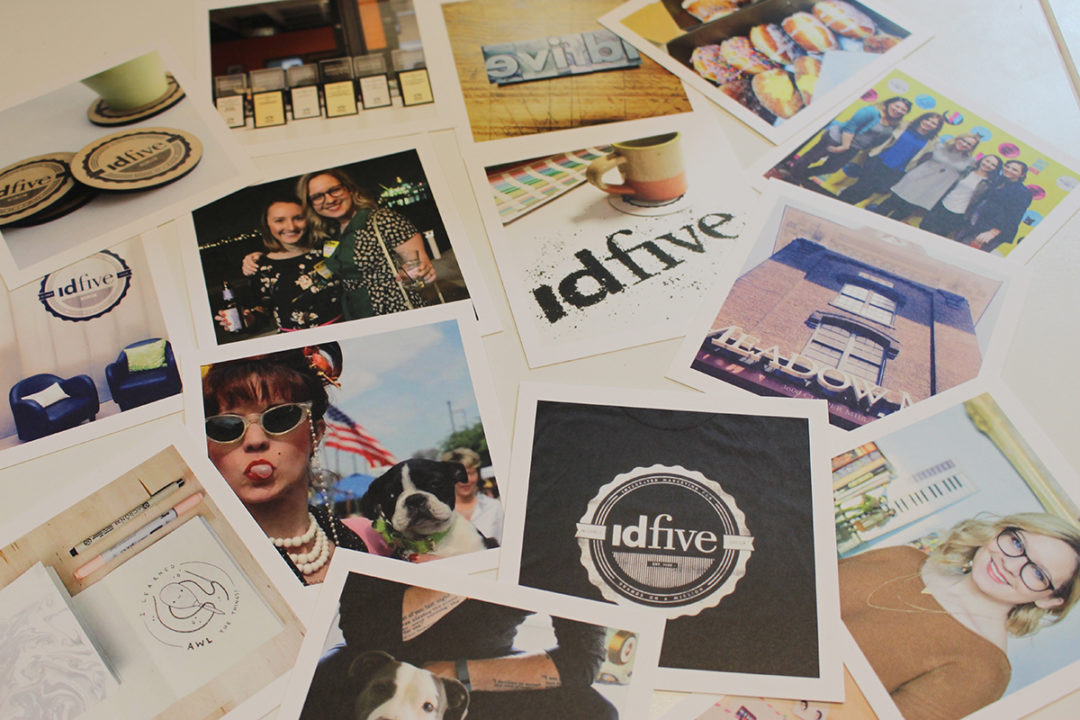 collage of printed photos and idfive logos