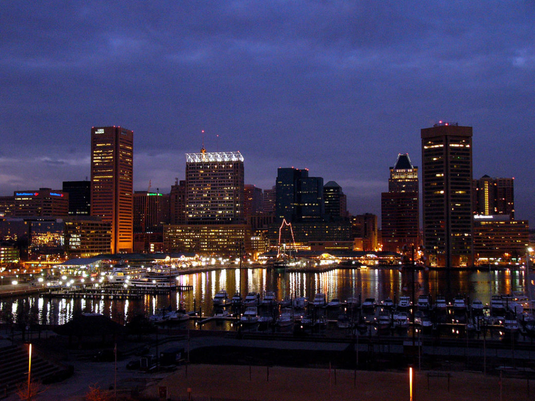 Baltimore harbor and skyline at night