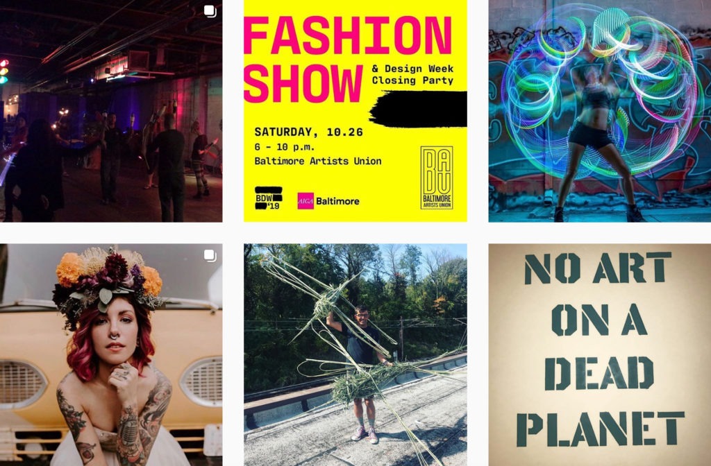 6 different Instagram posts from the Baltimore Artists Union instagram page 