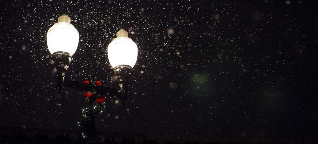 A street lamp with a pair of ornate lights glows on a snowy night.