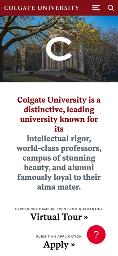 Mobile view of the Colgate University homepage