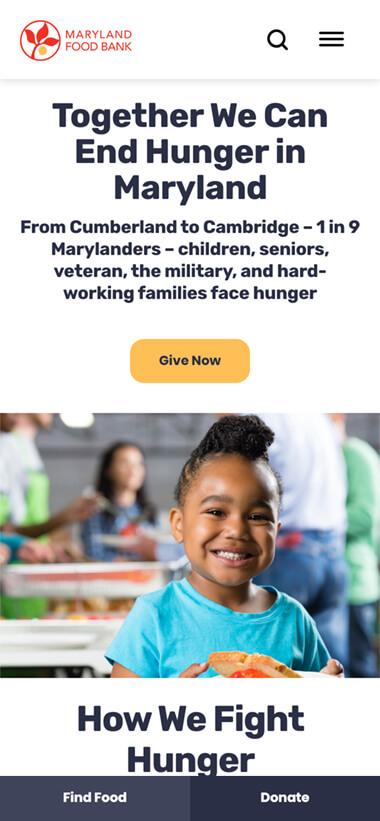 Maryland Food Bank homepage on mobile view