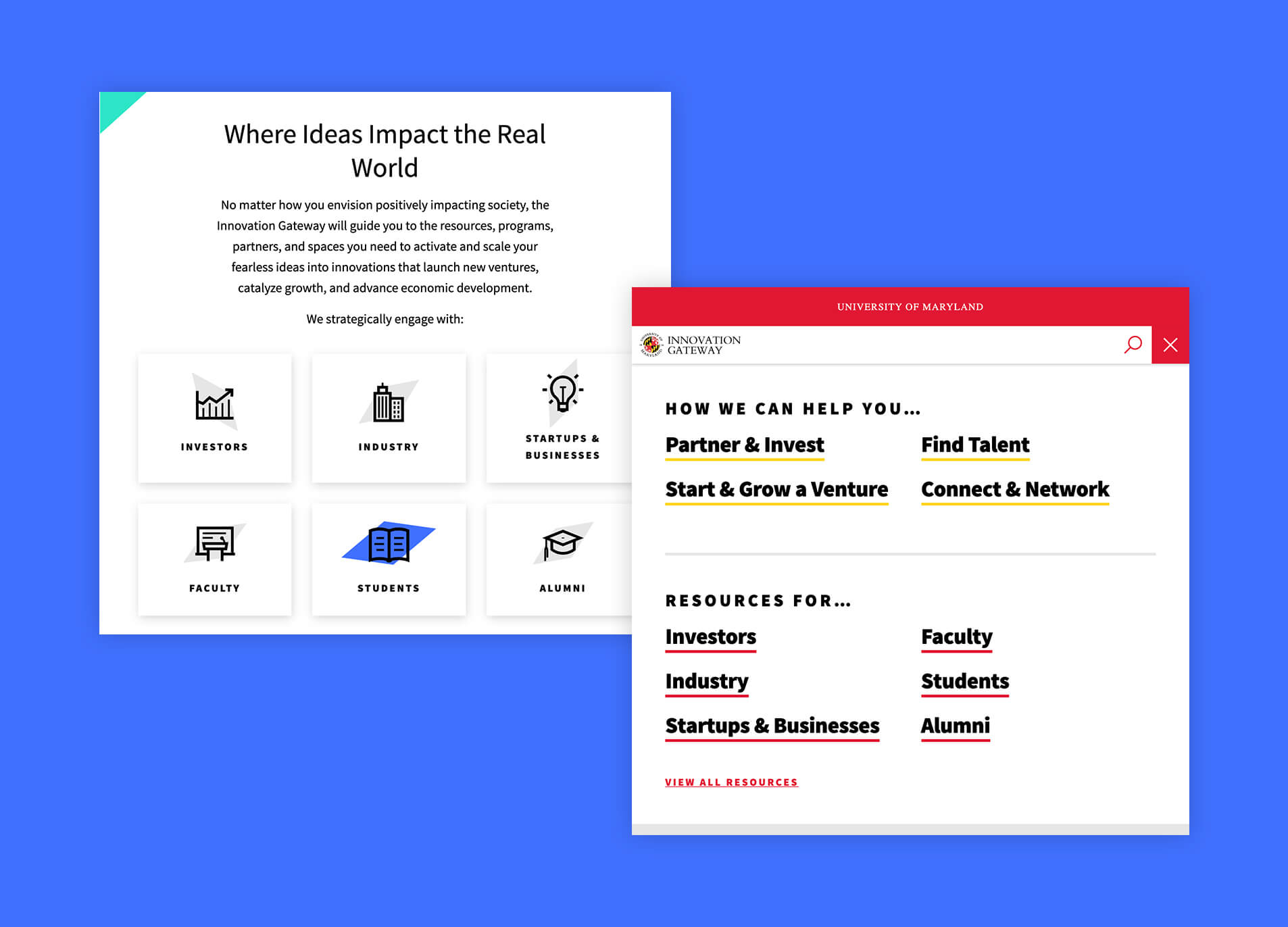 2 boxes with search resources and categories for engagement