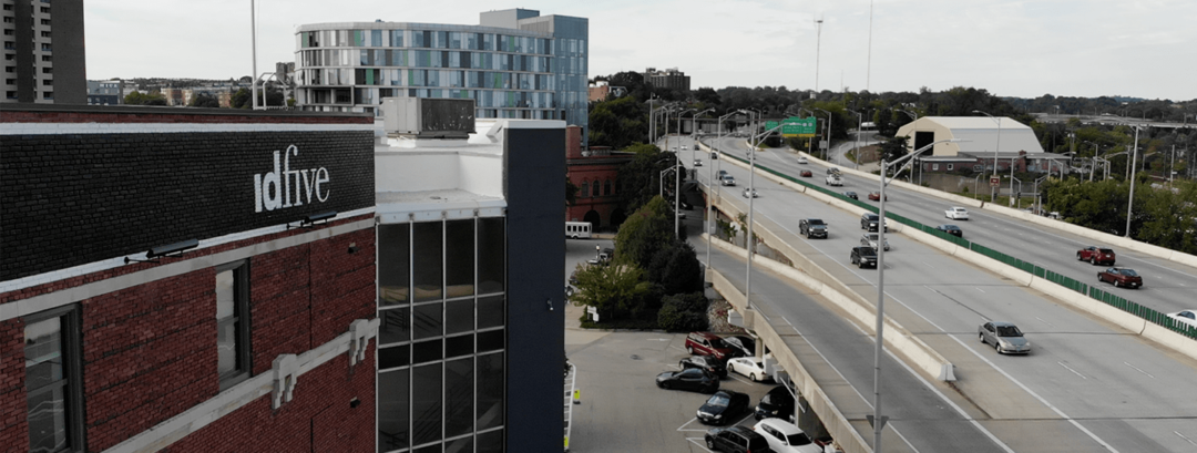 The idfive sign at the top of the agency's headquarters on the MICA campus in Baltimore.