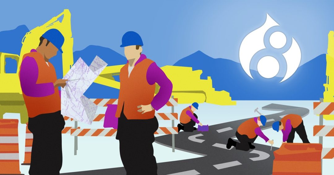 A colorful illustration of men in orange vests doing road work.