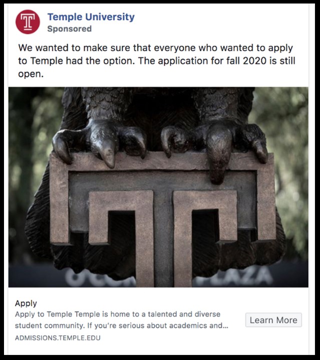 Temple University Social Media Sponsored post