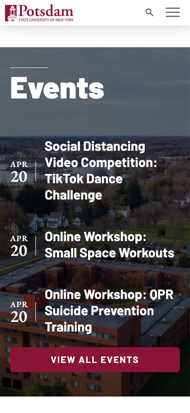 SUNY P website mobile view of events calendar