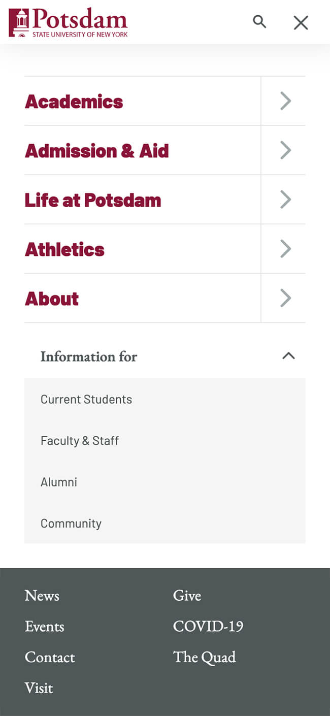 SUNY P website mobile view of menu