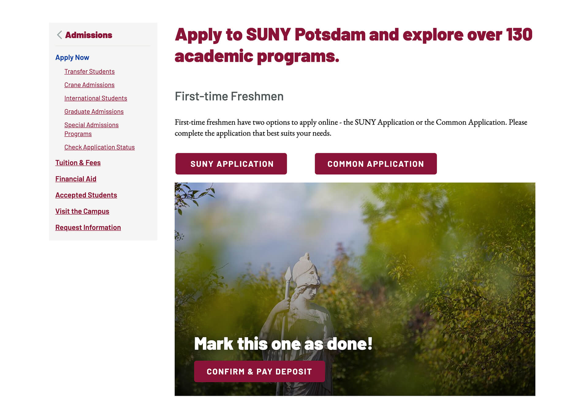 SUNY P website landing page with an open menu