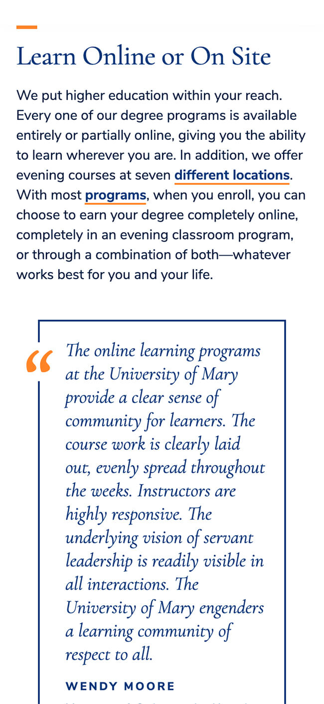 Mobile view of block quote on UMary website