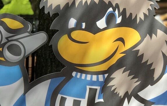 Cutout illustration of the University of Baltimore bee mascot holding binoculars, part of the event decorations for Gamescape designed by idfive