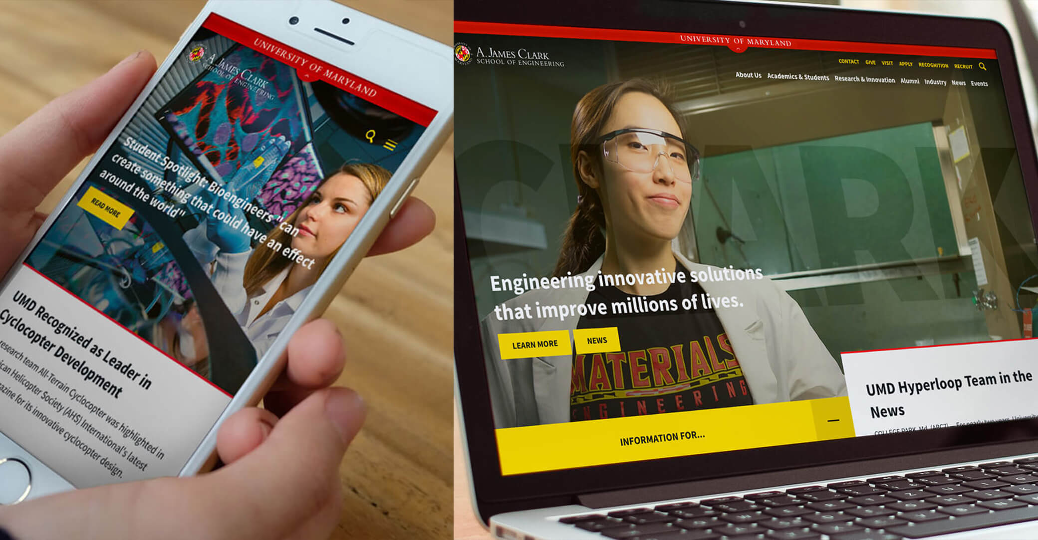 Person holding a phone with homepage and laptop open to the homepage