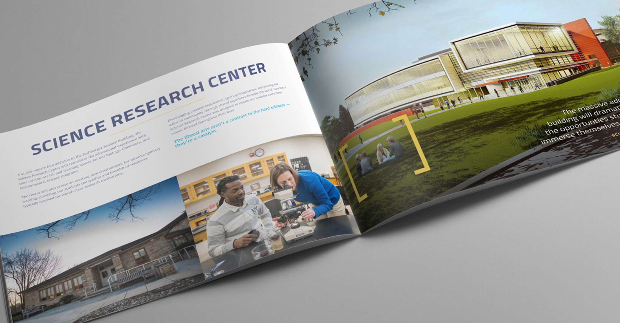 Goucher image book open to a page with photo of students and campus