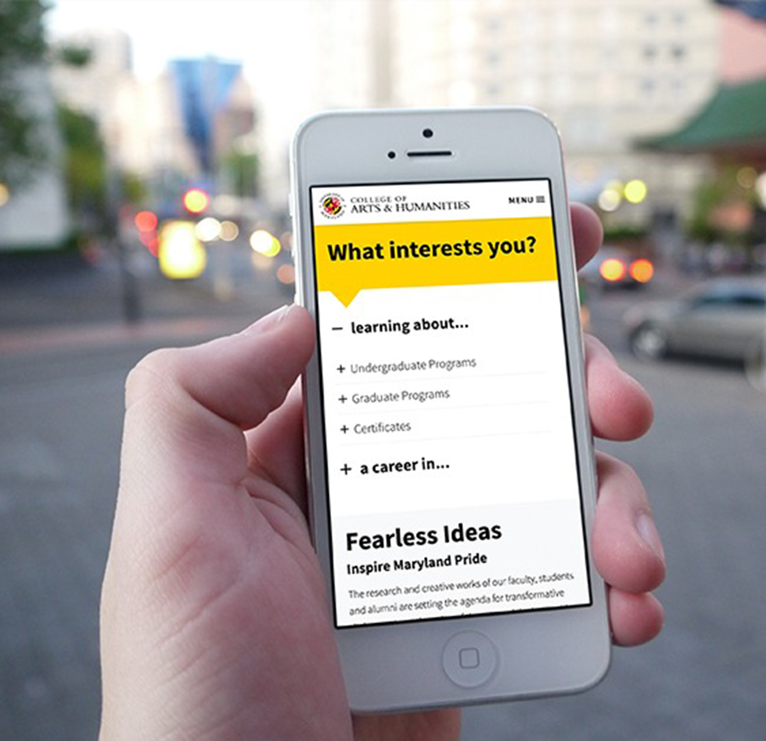 UMD Arts & Humanities website viewed on mobile device