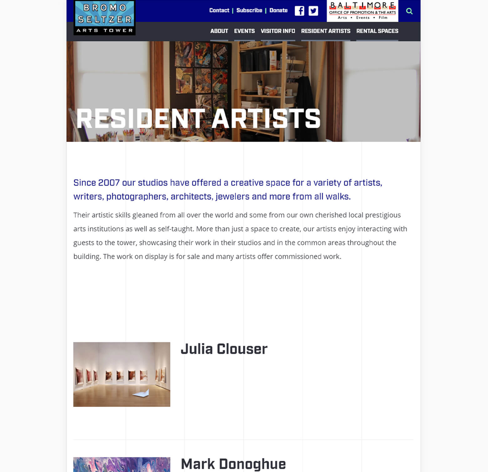 resident artists page on website