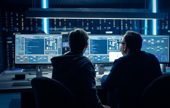 Two IT professionals look toward a data system display across three desktop monitors