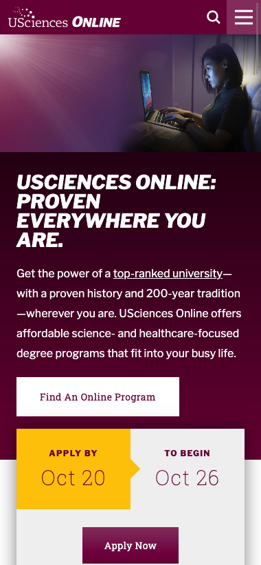 Screenshot of usciences mobile homepage