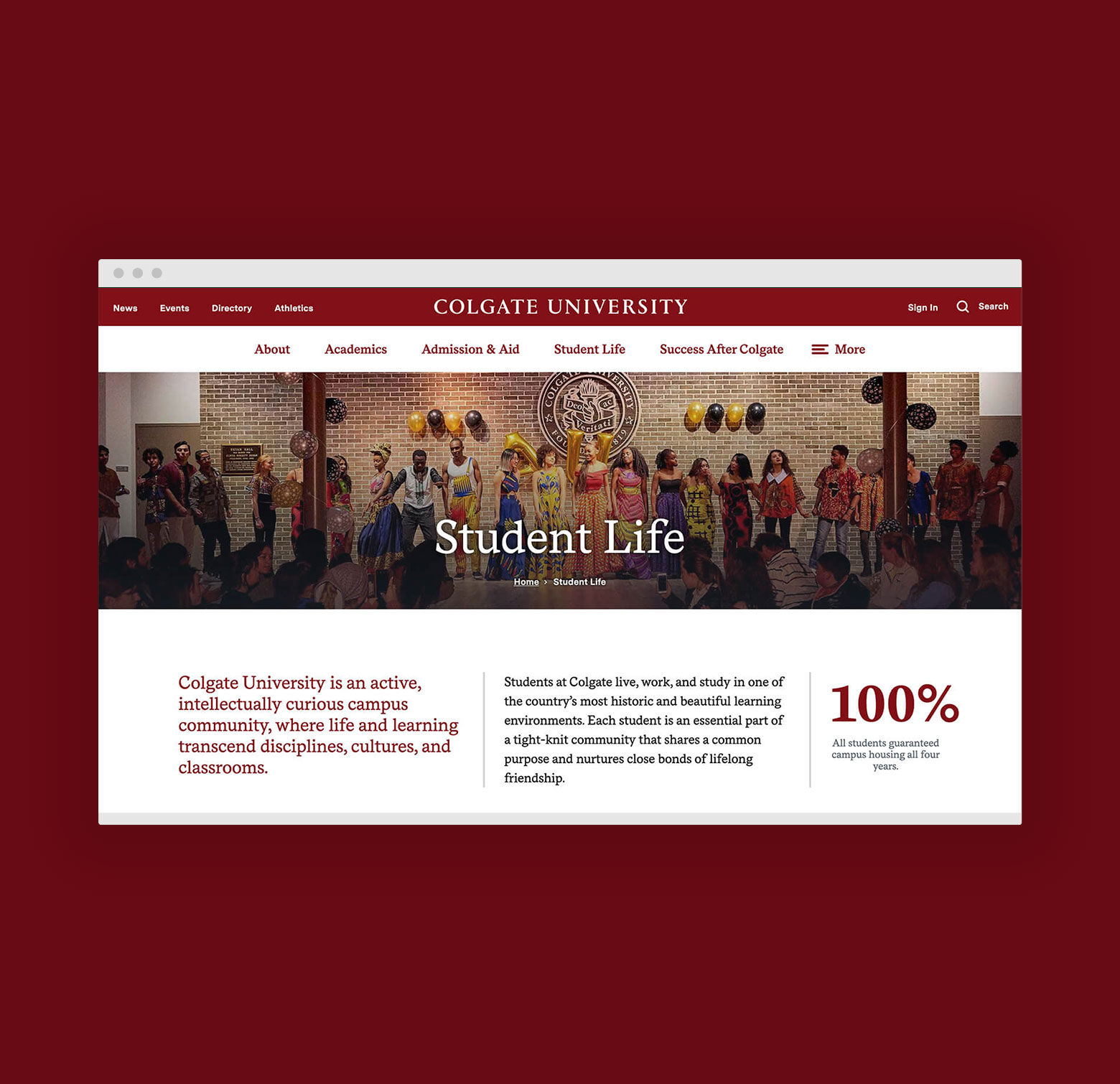 desktop mockup of student life page