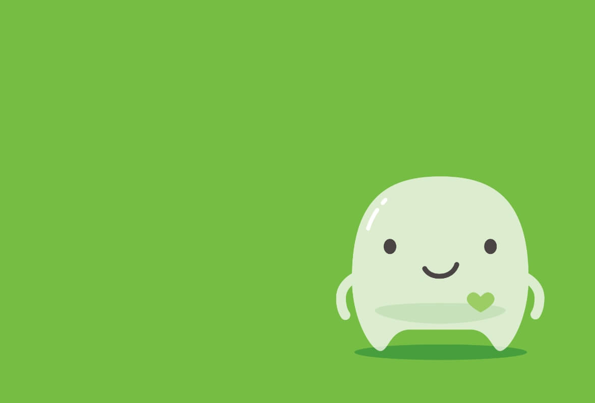 The Evergreen Health mascot, Babho, a smiling globule with a visible heart designed by idfive