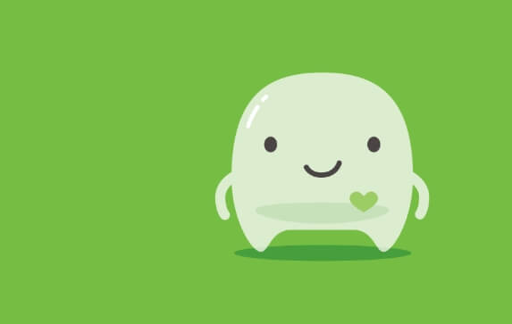 The Evergreen Health mascot, Babho, a smiling globule with a visible heart designed by idfive