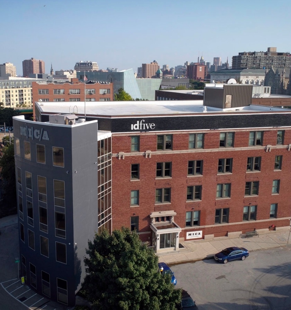 Drone image of the idfive building on the MICA campus.