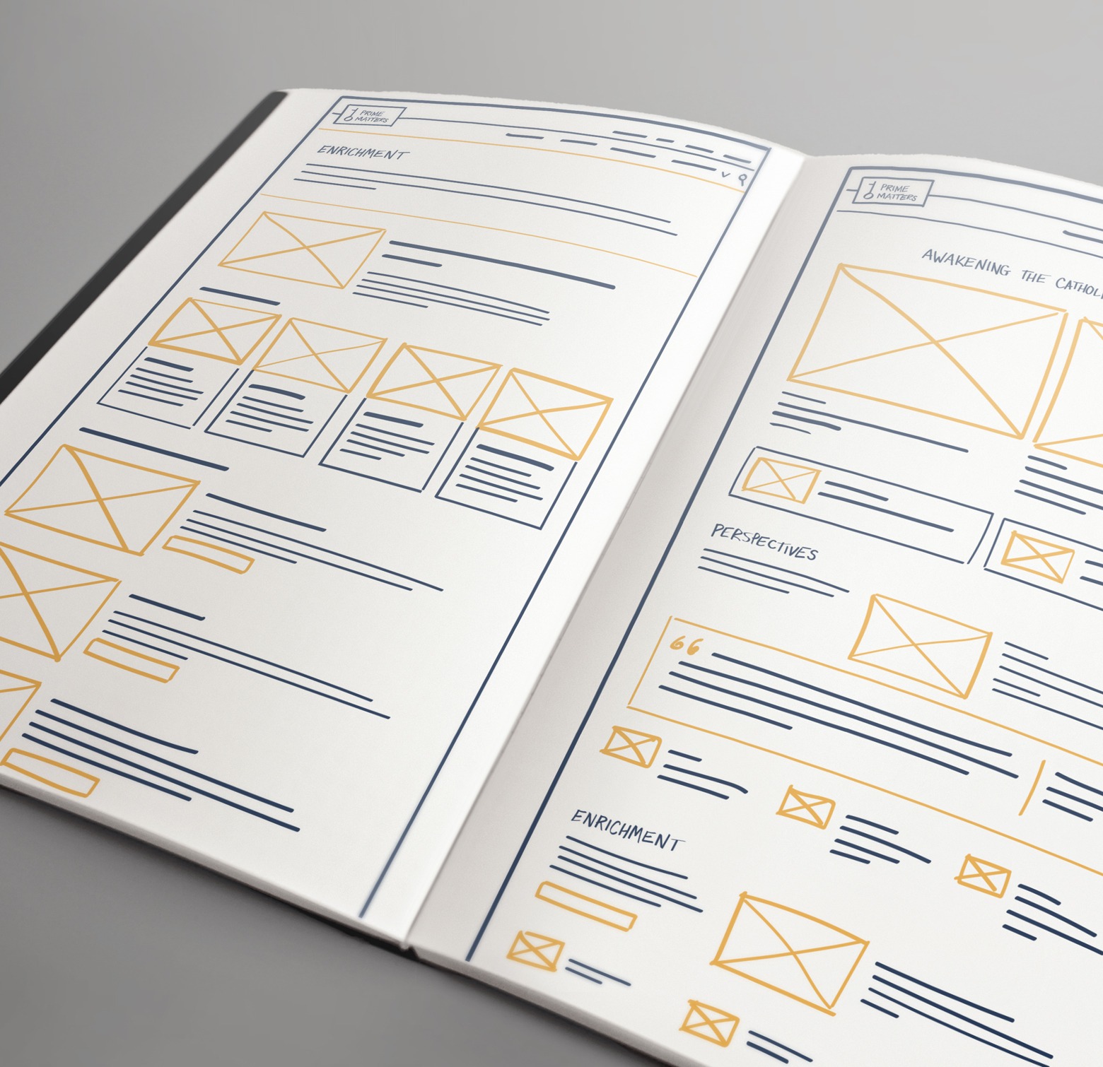 Prime Matters website wireframes in notebook