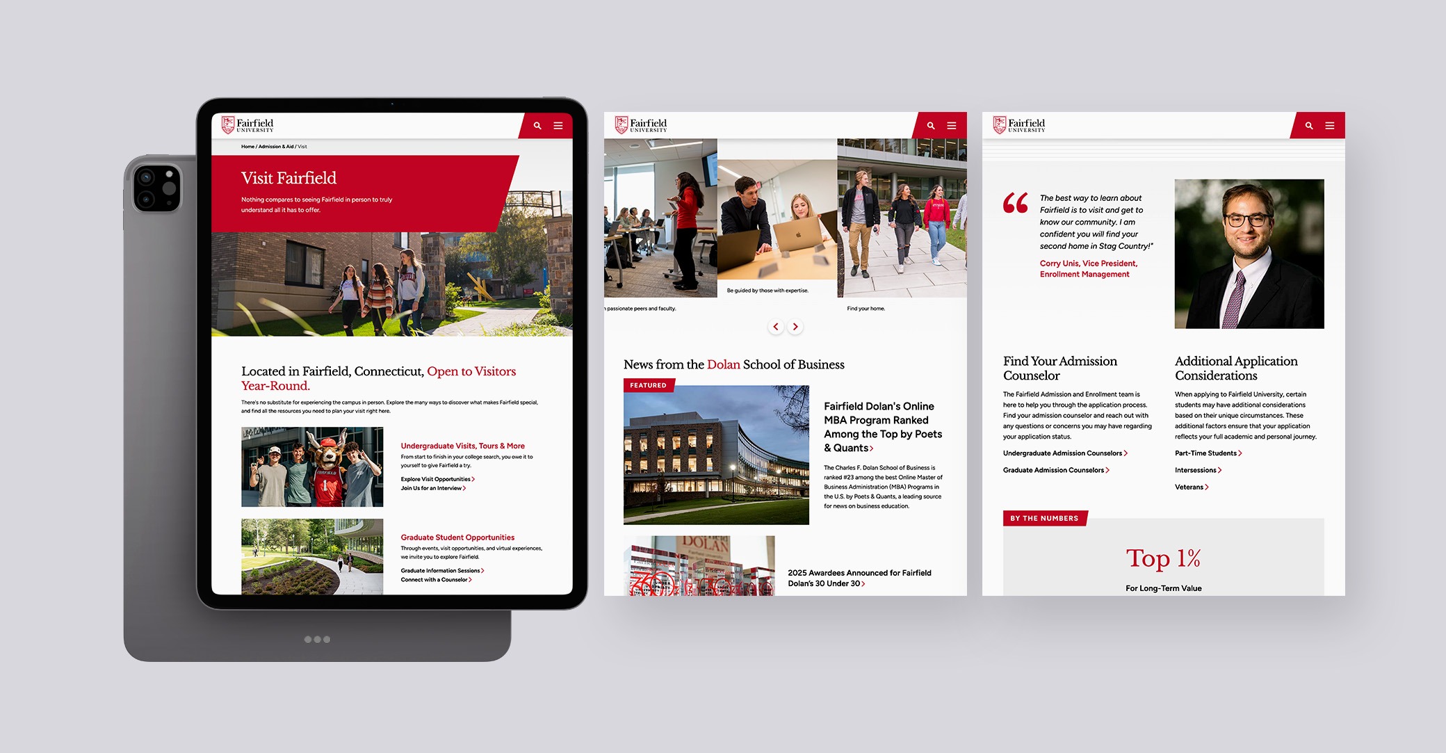 Fairfield University website, shown on tablet.