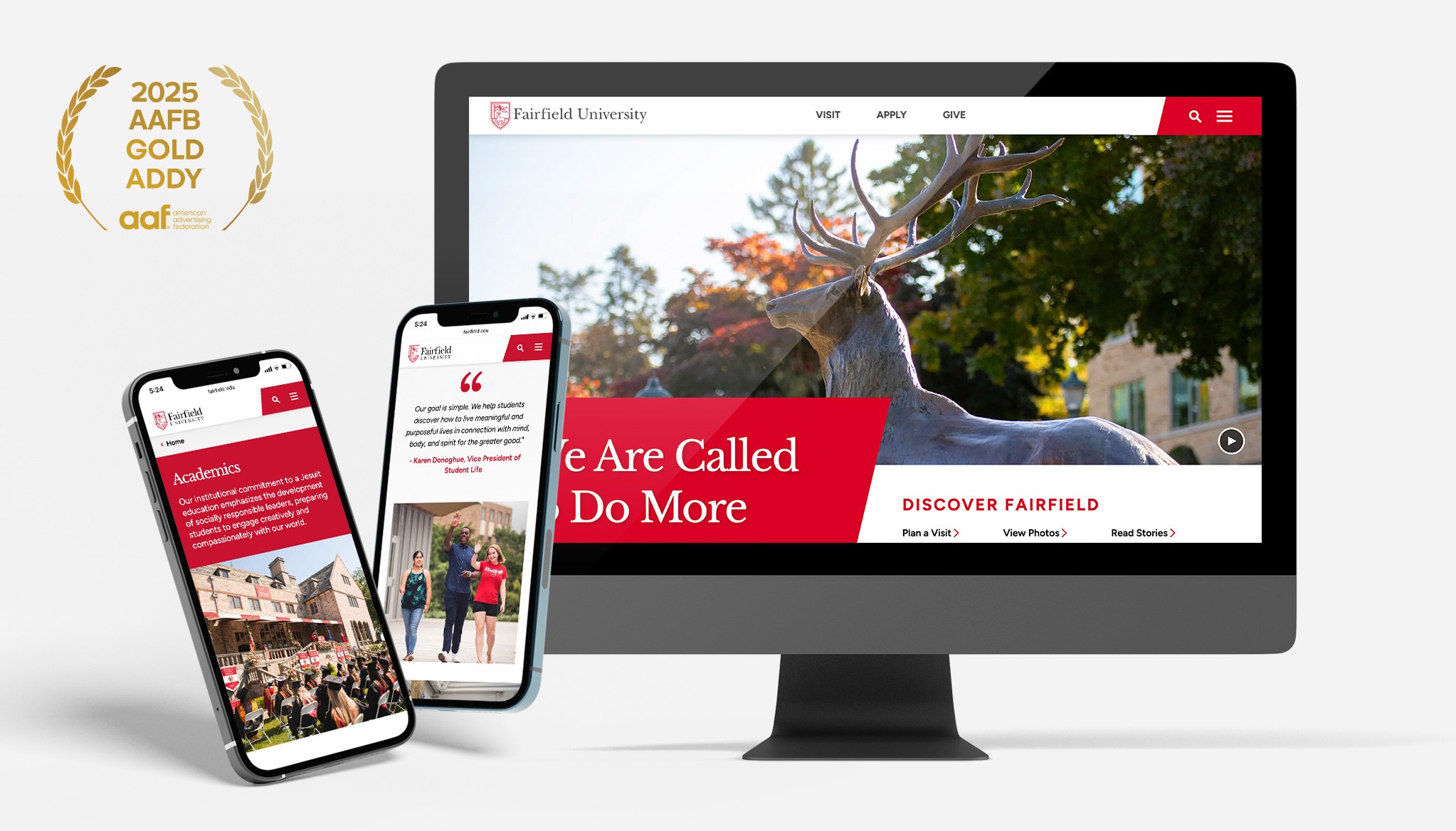 Fairfield University website, shown on mobile phones and desktop computer.