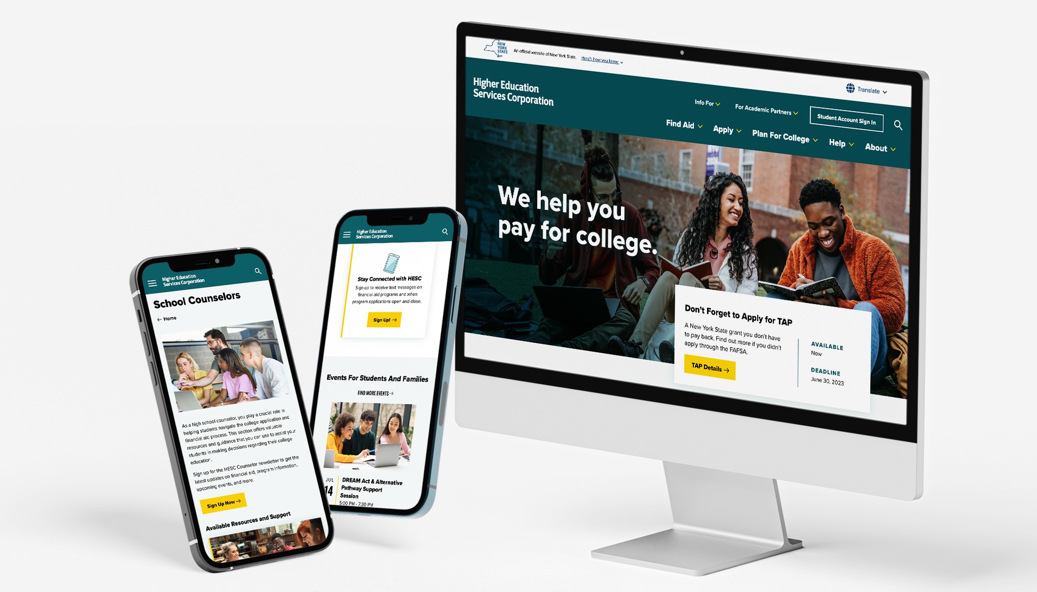 Mockup of HESC website on desktop computer and mobile phones