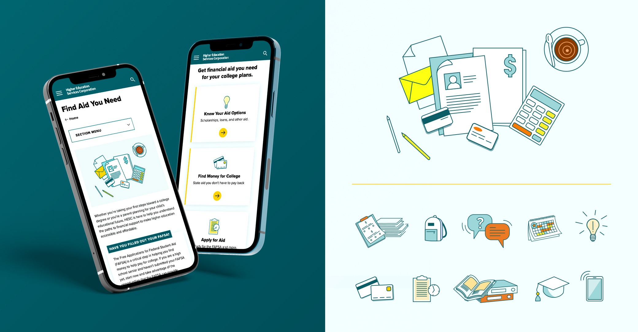 Mobile phones showing Financial Aid information and grid of HESC icons.