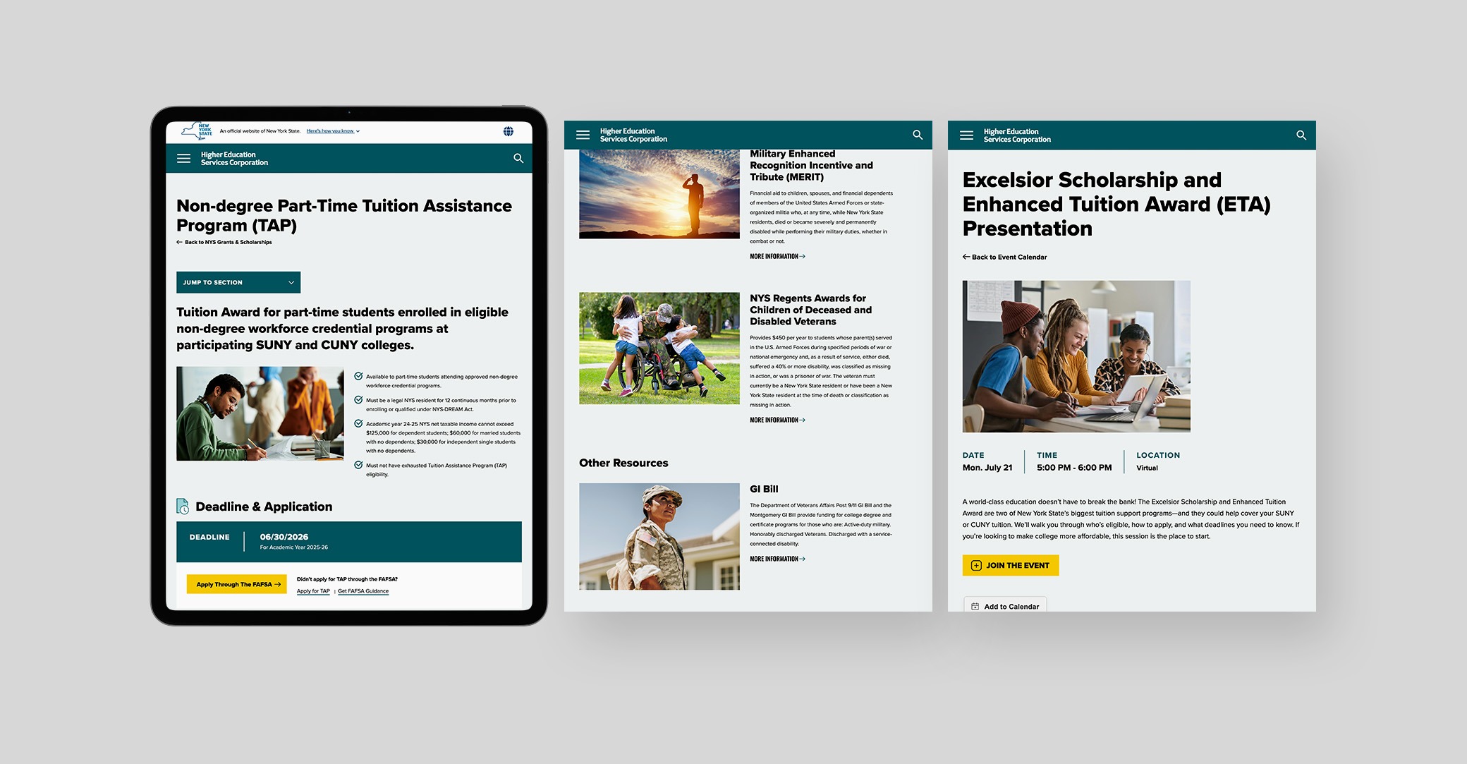 Tablet showing information for Part-Time tuition assistance, Military/Veteran Families, and an Excelsior Scholarship presentation.