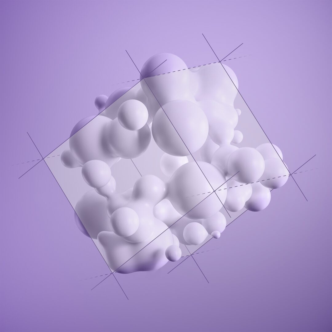 Abstract 3D composition with floating white spheres clustered around a tilted glass pane. Set against a soft purple background, conveying a serene, futuristic vibe.