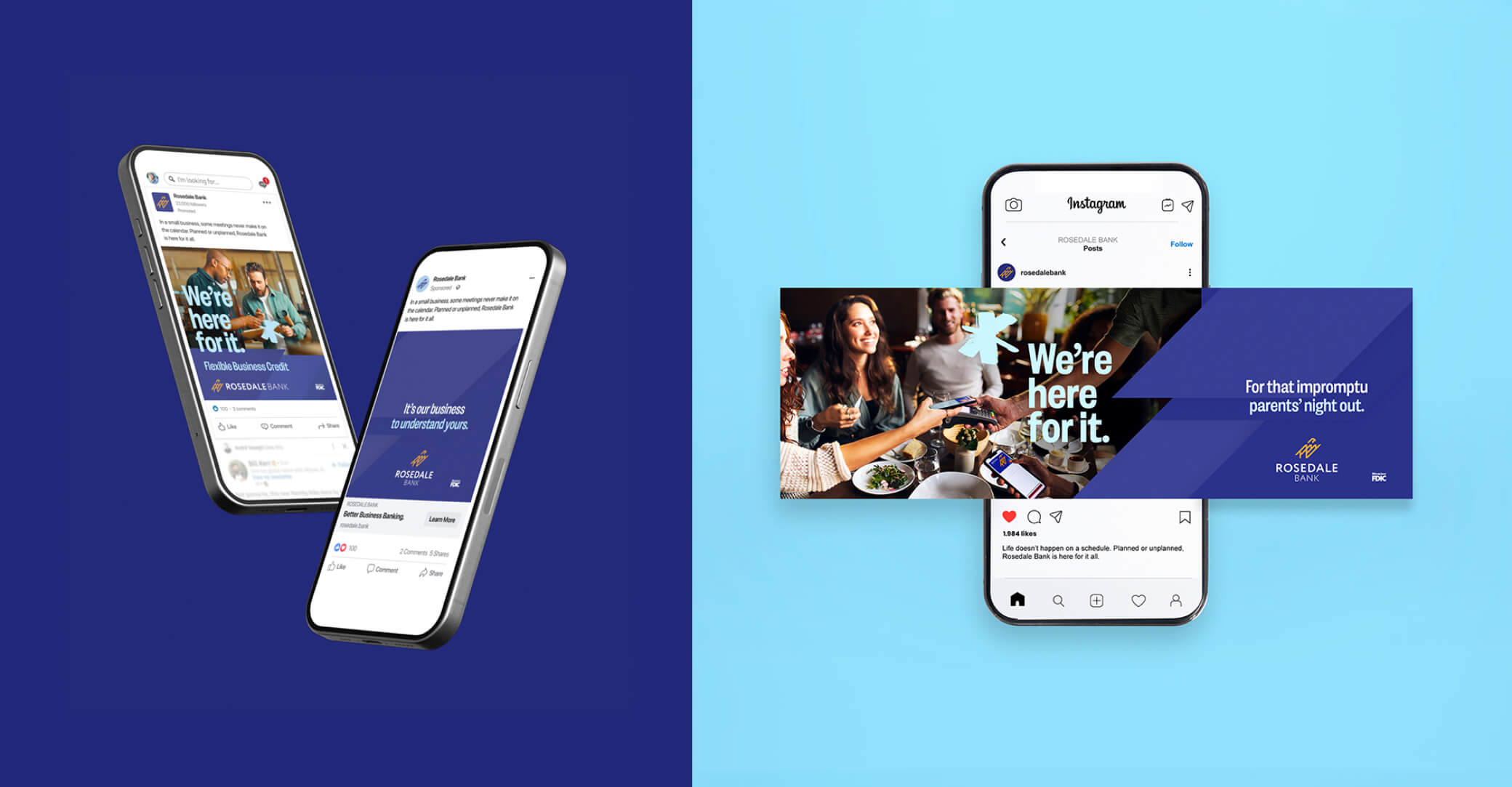 Image grid showing a two social media ads on phones and a carousel Meta ad