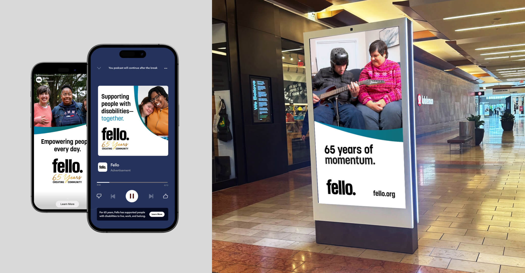 Mock up layout with social media and streaming audio ad on left and mall kiosk banner on right