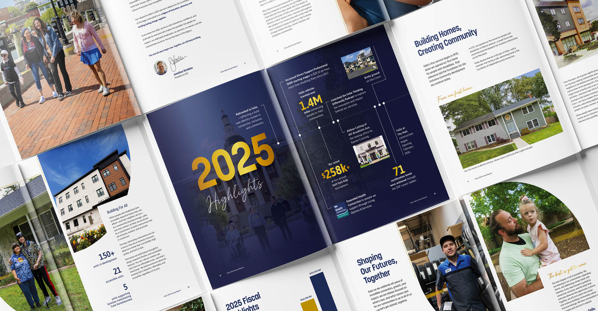 Fello 65th Anniversary Annual Report mock up showing multiple page layouts