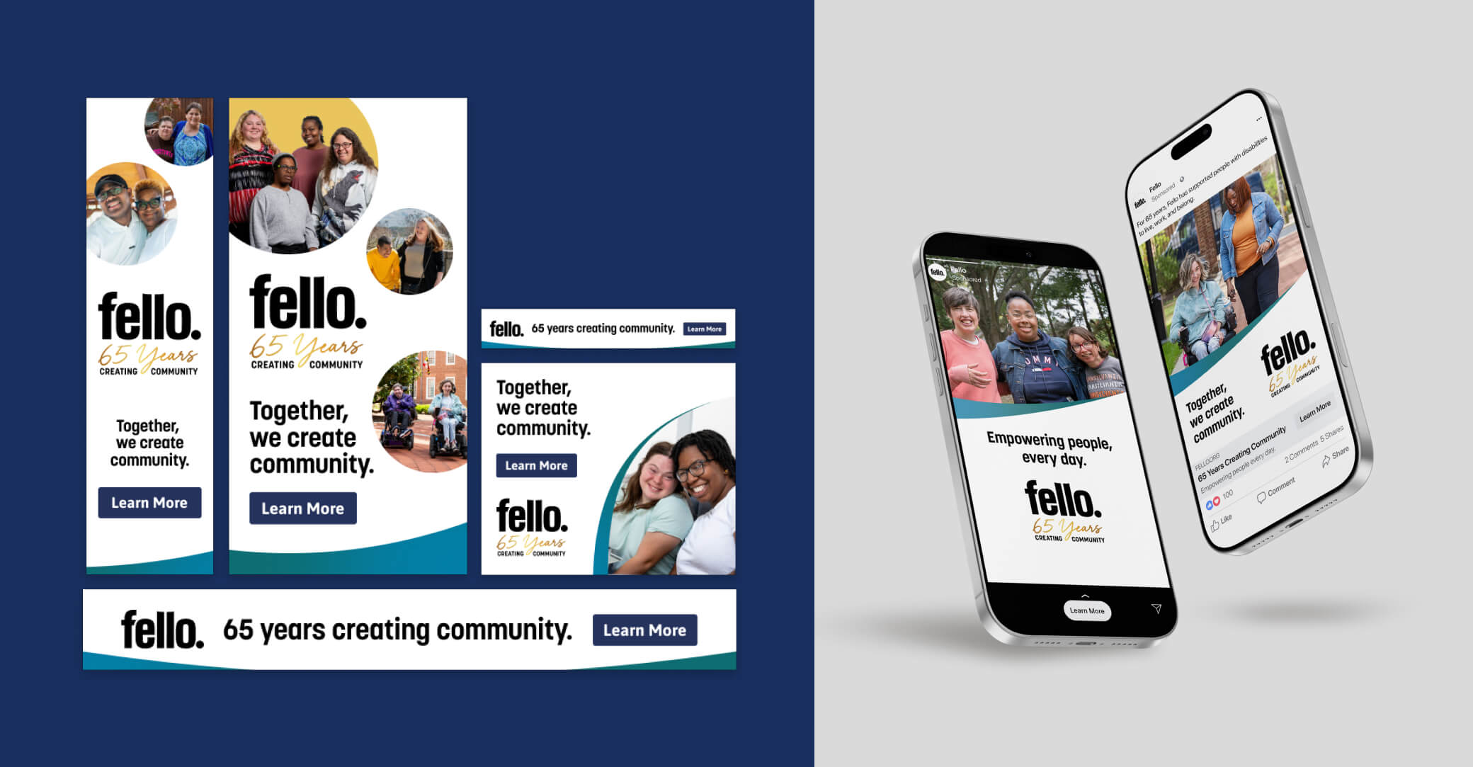 Layout of mock ups with display banner ads on left and example social media ads on mobile devices on right