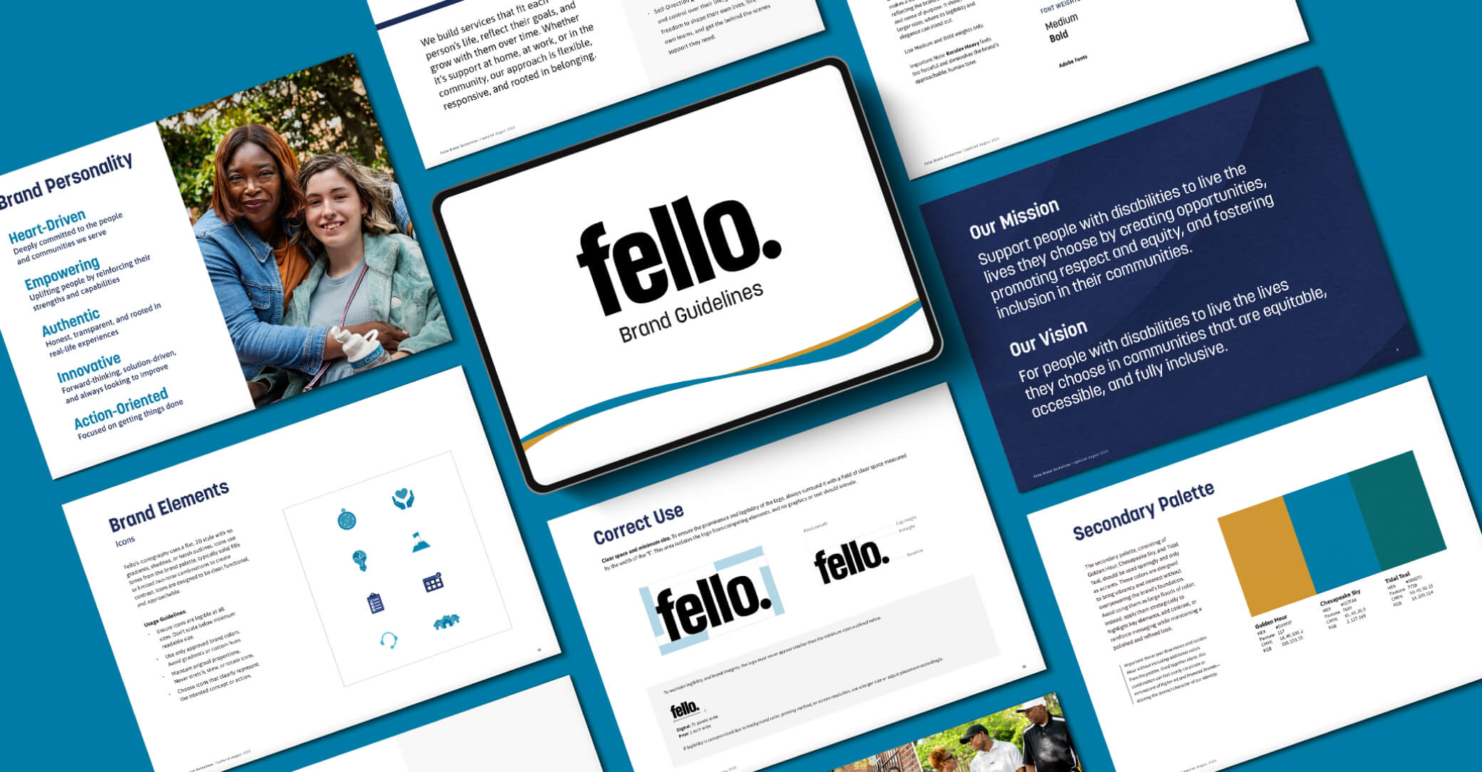 Layout of Fello brand guideline spreads in a grid of multiple pages