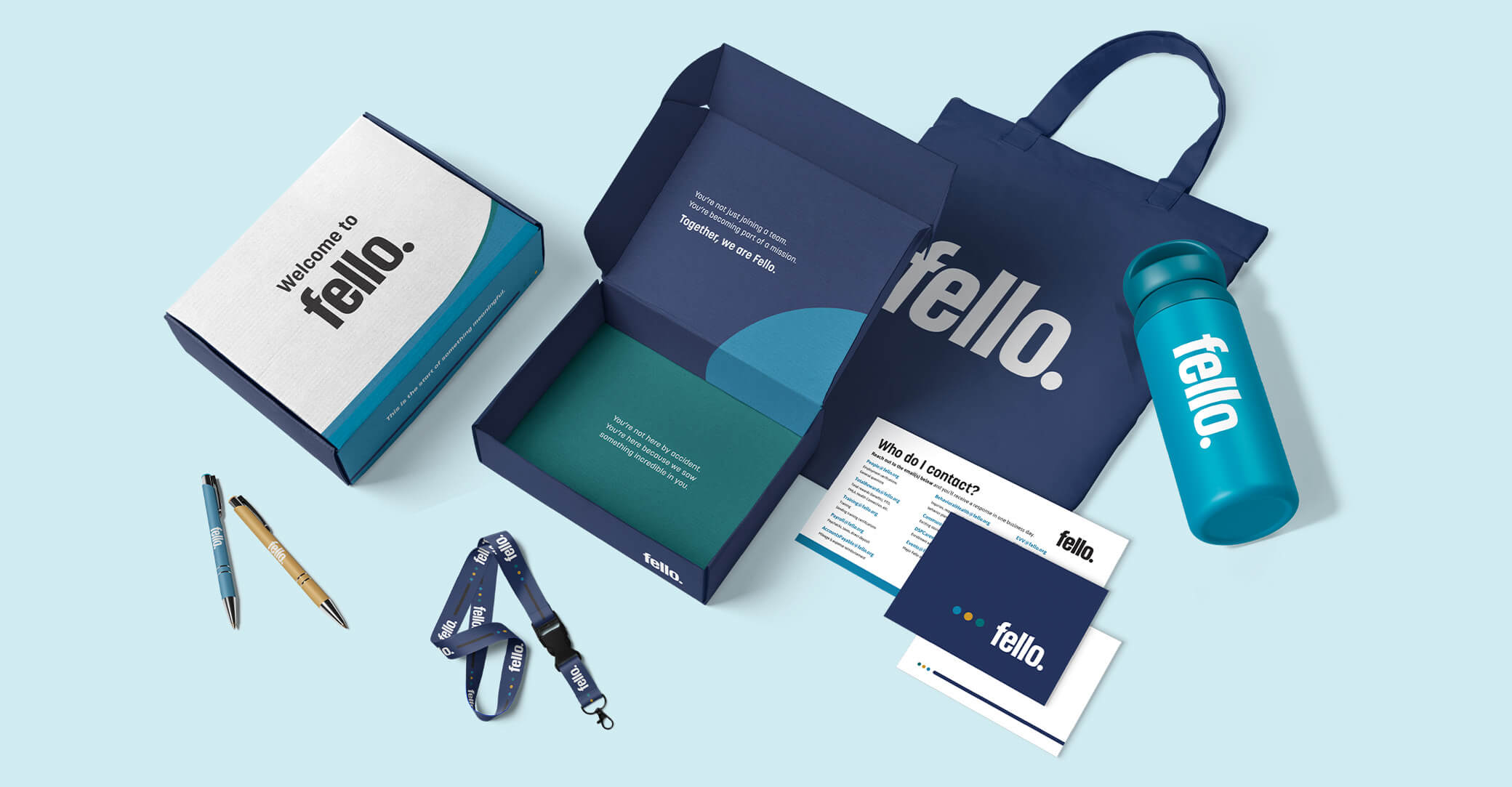 Mock up of varying promotional and stationary materials for Fello including water bottle, lanyard, pen, box, bag, etc.