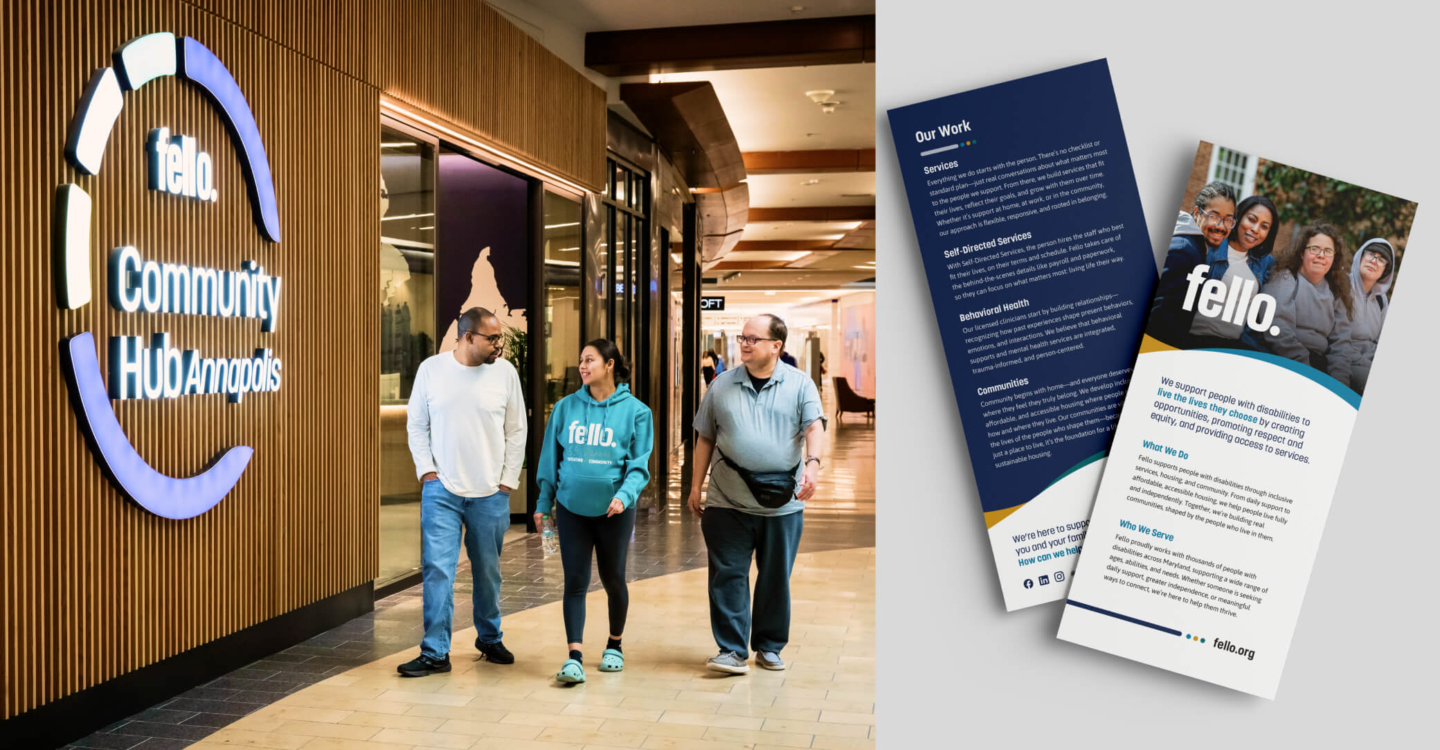 Photo of mall entrance to Fello Community Hub in Annapolis with three people walking by. Mock up on right of a double-sided pamphlet.