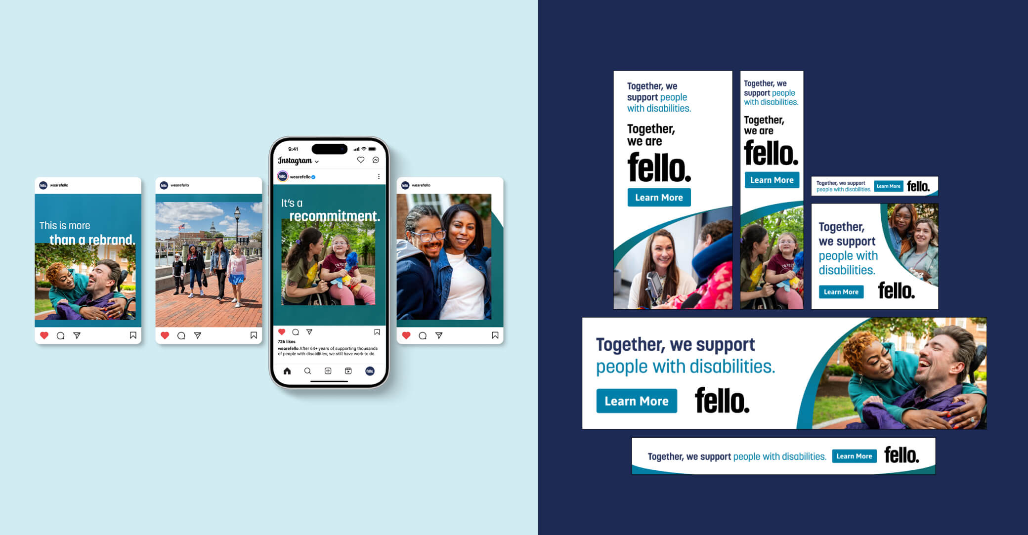 A Facebook carousel mock up on left and display ads on the right.