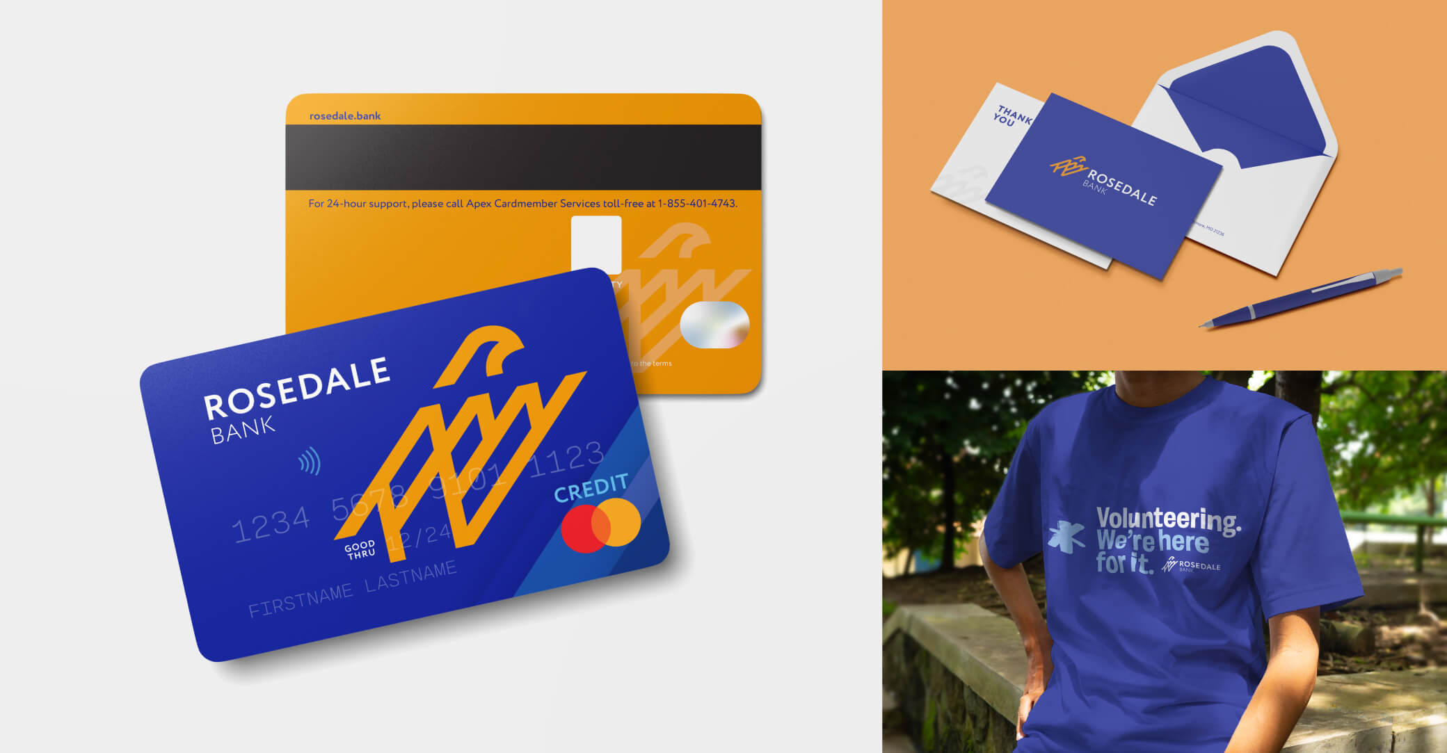 Image grid showing a credit card, mail postcard, and volunteer t-shirt design