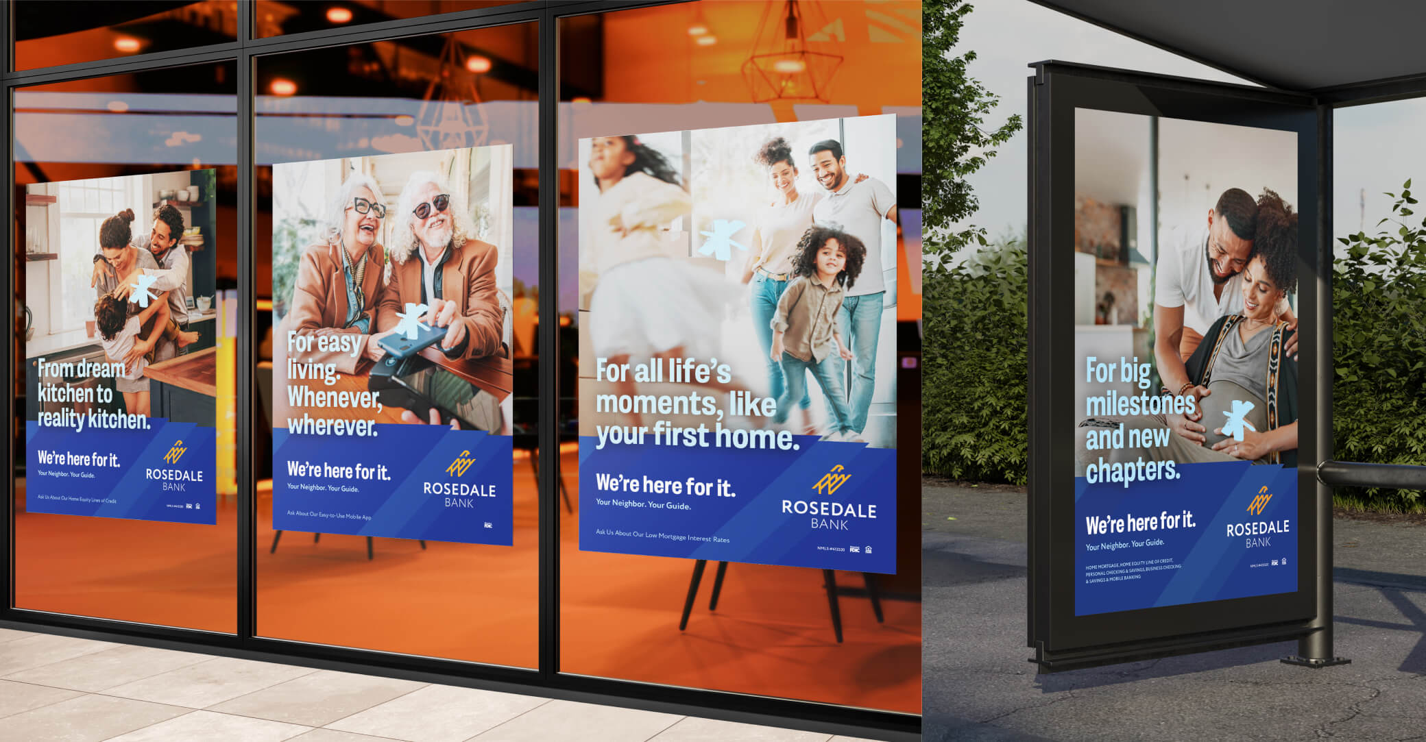 Image grid showing a series of three posters on glass windows and a bus stop poster