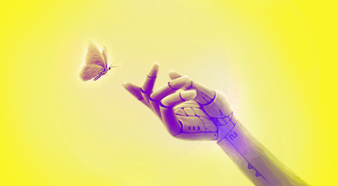 Surreal art of robot with butterfly, freedom and hope concept idea, conceptual illustration