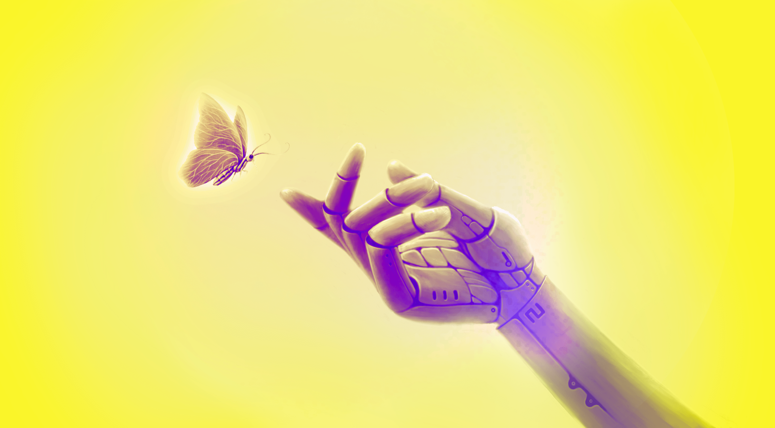 Surreal art of robot with butterfly, freedom and hope concept idea, conceptual illustration