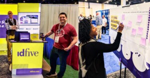 Fivers Sean and Matt at the Bridge Conference on left and a person engaging with booth on right side